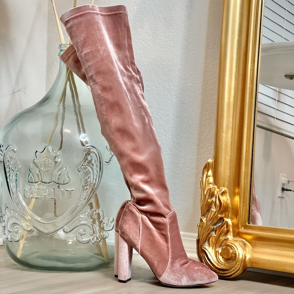 Dolls Kill Pink Blush Velvet Thigh-High Boots